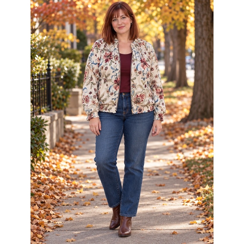 Chicos Size 2 (Large-12/14) Floral Bomber Zip Up Jacket Smocked Ruffle Collar